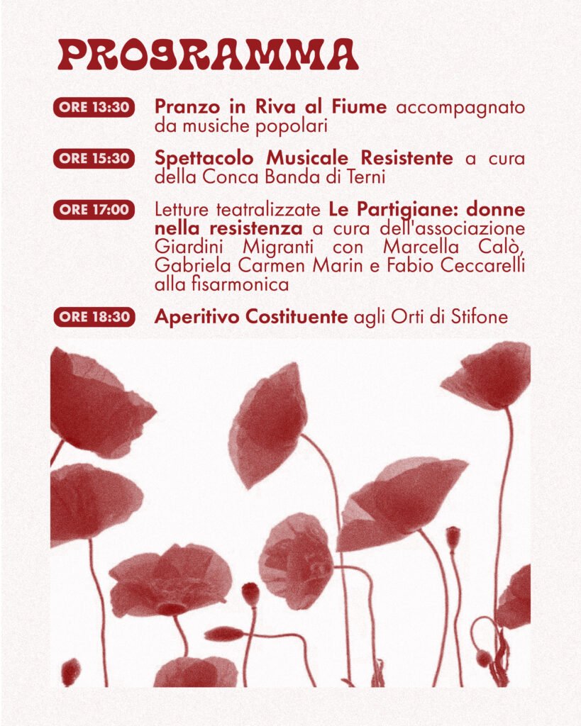 Dalle 13.30 al tramonto. Programma: Pranzo popolare, Spettacolo musicale, Letture teatralizzate, fisarmonica e aperitivo.