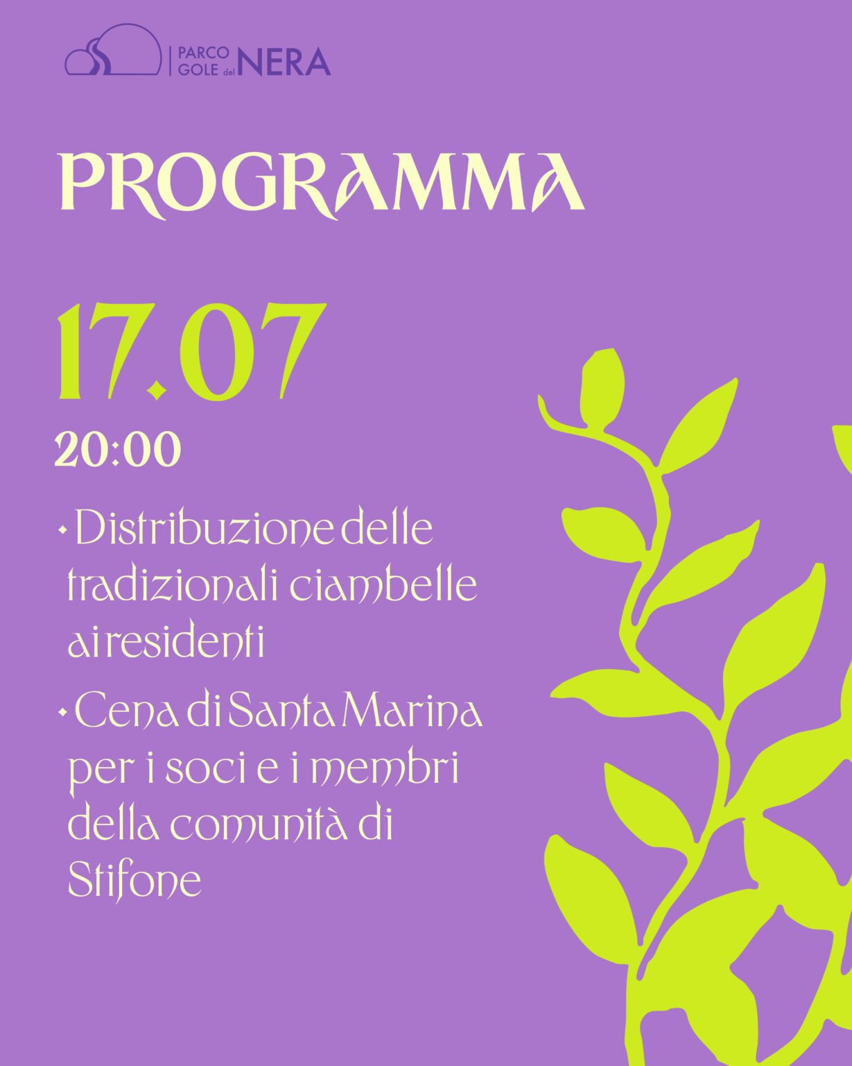 Programma: Cena con la comunità di Stifone e distribuzione delle ciambelle tradizionali.